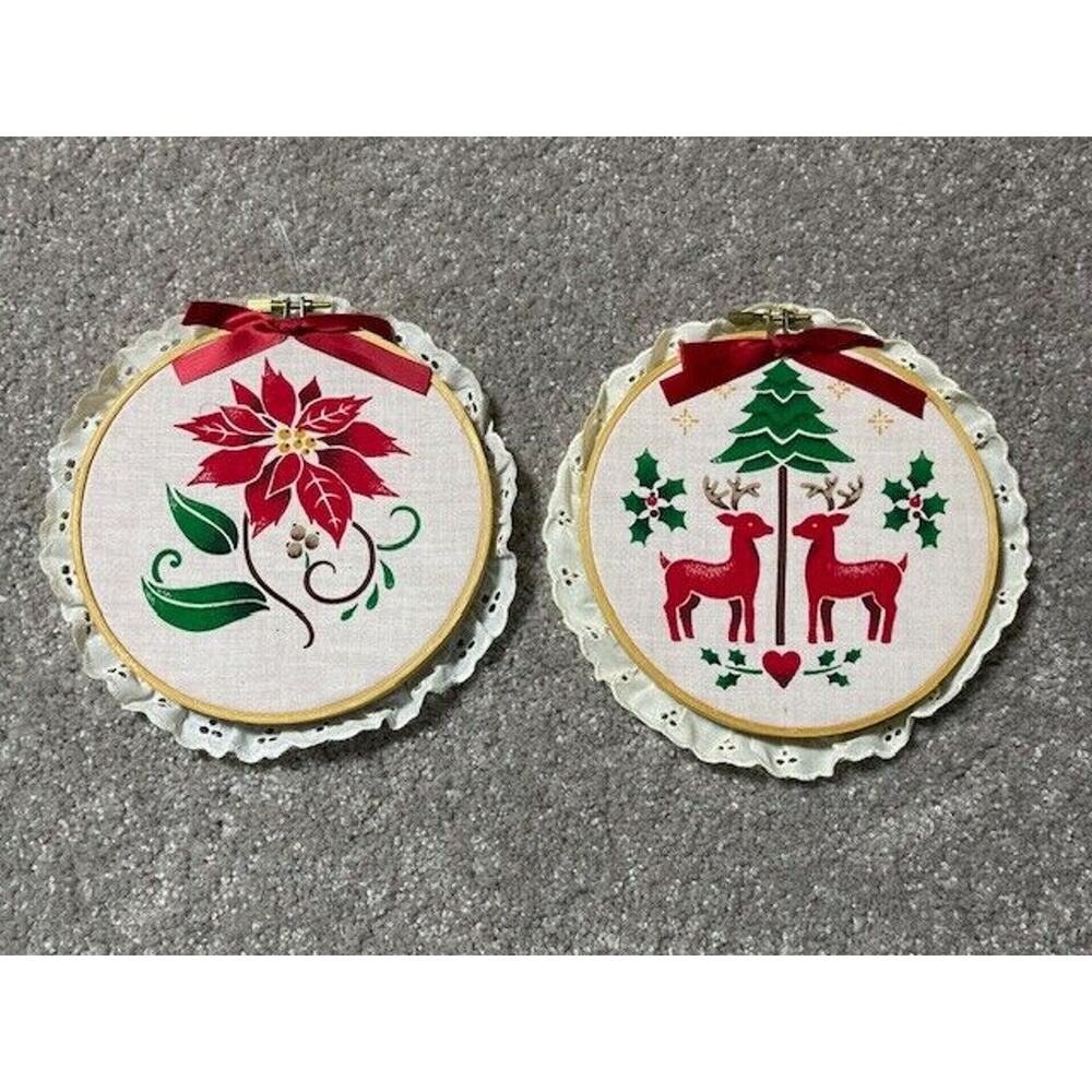 Hoop Merry Christmas Lot of 2 Painted or Stenciled On 7"